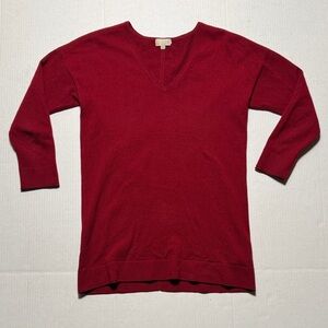 TSE‎ 100% Cashmere Red V-Neck Sweater Extra Long Back Seam Rolled Cuff Hem XS